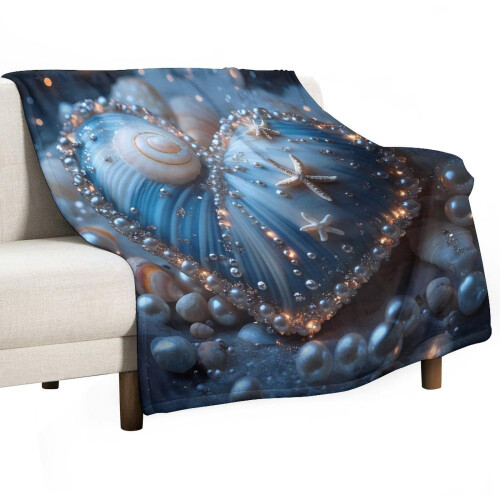 Ocean Blue Shell Pearl Starfish Flannel Throw Blanket 50x60