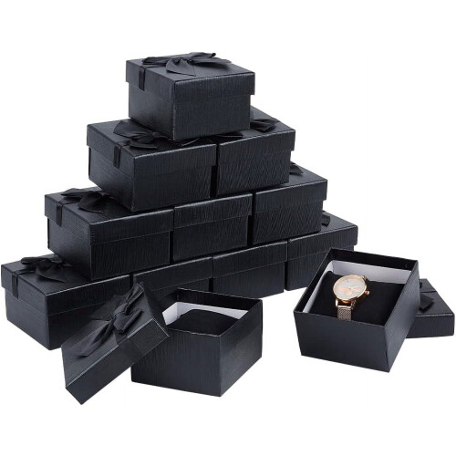 Caixa para relógios com almofada preta 9,3 x 8,7 x 5,7 cm (3,66 x 3,43 x 2,24 polegadas) - 12 peças