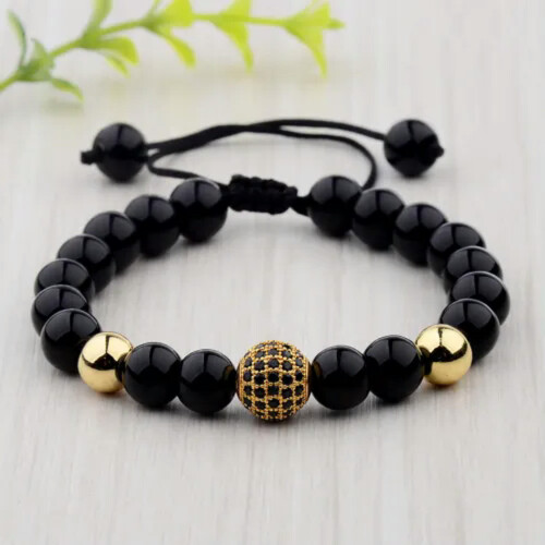 Black Lava Beaded Macrame Bracelet Gold 1pc