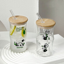 Ensemble de 4 tasses en verre Panda Bamboo avec couvercle et paille