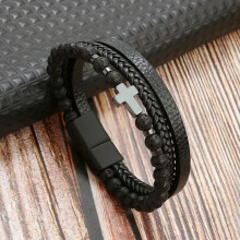 Obsidian-Kreuz-Lederarmband für Herren, mehrlagig
