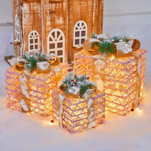 Viflosae upplysta julklappsaskar, 3-pack med 80 lysdioder