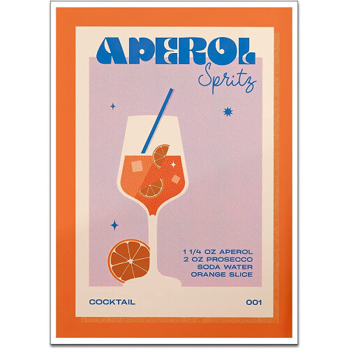 Affiche rétro Aperol Spritz bleu orange rose 30 x 45 cm