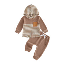 (6-12 Months, Khaki) Toddler Boy Fall Clothes Set Contrast Color Stripe Long Sleeve Hoodies and Joggers Pants 2 Piece Waffled Outfits