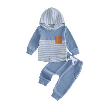 (6-12 Months, Blue) Toddler Boy Fall Clothes Set Contrast Color Stripe Long Sleeve Hoodies and Joggers Pants 2 Piece Waffled Outfits