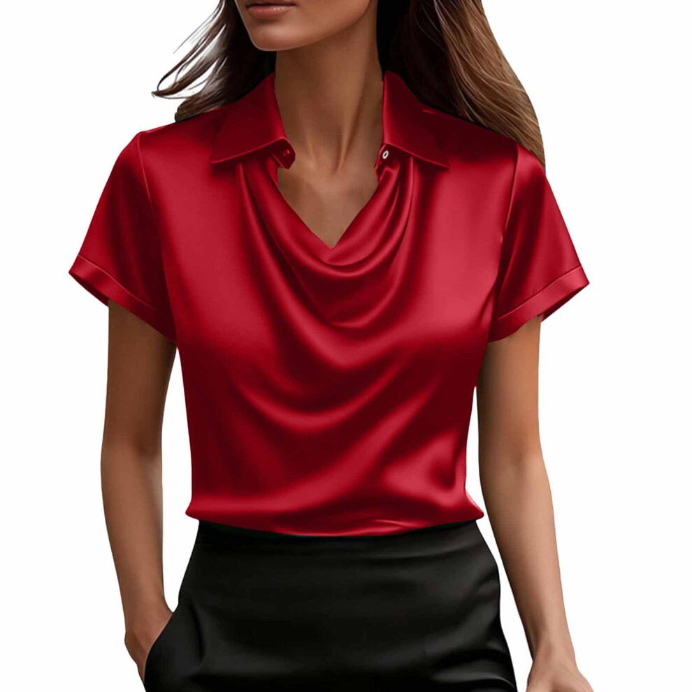 Women Button Neck Blouse Business Casual Work Tops Short-æ£çº¢è² L