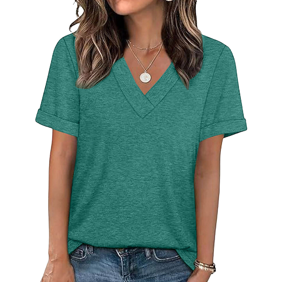 Women's Summer Short-Sleeve Basic Casual V-Neck-darkgreen L