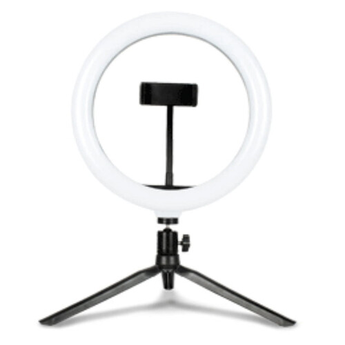 Faro circolare a LED con porta USB e supporto per treppiede regolabile.