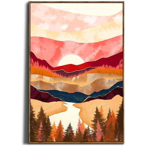 Boho-kanvastaulu, oranssi, vuorimetsä, 24x36