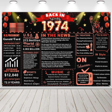Bannière rouge et noire « Retour en 1974 » pour un 50e anniversaire, décoration vintage pour une fête sur le thème des 50 ans, toile de fond,
