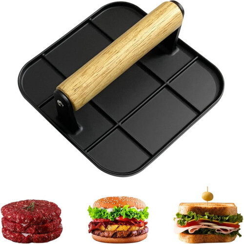 Πρέσα Burger από αλουμίνιο με ξύλινη λαβή, τετράγωνη, 6 ιντσών