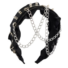 Edgy PU Leather Headband Headpiece With Metal Chain For-Black