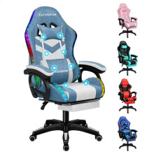 (Fabric Blue & White) ELFORDSON Gaming Office Chair Massage RGB LED Recliner Footrest Swivel Computer