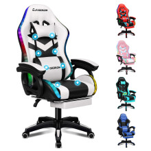 (White) ELFORDSON Gaming Office Chair Massage RGB LED Recliner Footrest Swivel Computer