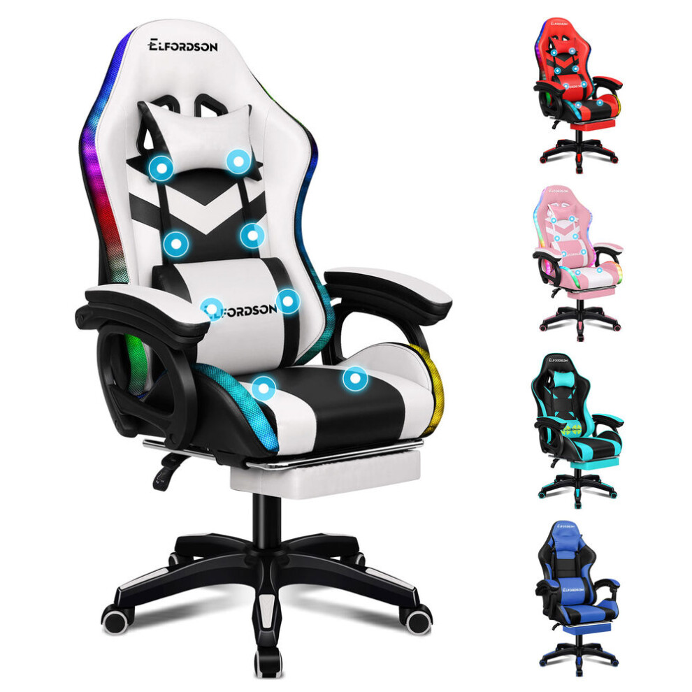 Elfordson (White) Gaming Office Chair Massage Rgb Led Recliner Footrest Swivel Computer