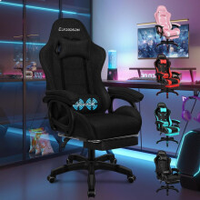 (Fabric Black) ELFORDSON Gaming Office Chair Massage Recliner Padded Swivel Footrest Computer