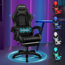 (Black) ELFORDSON Gaming Chair Massage Recliner Swivel Padded Footrest Computer Office