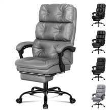 (Grey) ELFORDSON Office Chair Executive Dual-Padded High Back Recliner Footrest Gaming