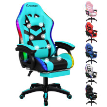(Cyan) ELFORDSON Gaming Office Chair Massage RGB LED Recliner Footrest Swivel Computer