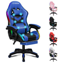 (Blue) ELFORDSON Gaming Office Chair Massage RGB LED Recliner Footrest Swivel Computer