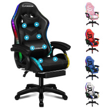 (Black) ELFORDSON Gaming Office Chair Massage RGB LED Recliner Footrest Swivel Computer