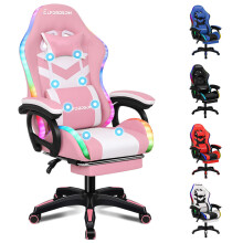 (Pink) ELFORDSON Gaming Office Chair Massage RGB LED Recliner Footrest Swivel Computer