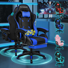 (Blue) ELFORDSON Gaming Office Chair Massage Recliner Padded Swivel Footrest Computer