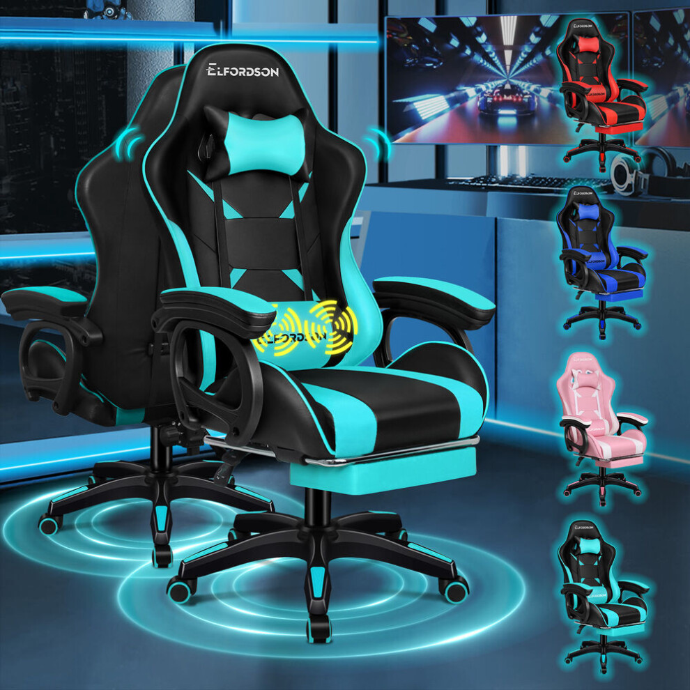 Elfordson (Cyan) Gaming Office Chair Massage Recliner Padded Swivel Footrest Computer
