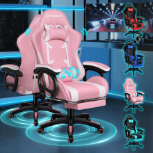 (Pink) ELFORDSON Gaming Office Chair Massage Recliner Padded Swivel Footrest Computer