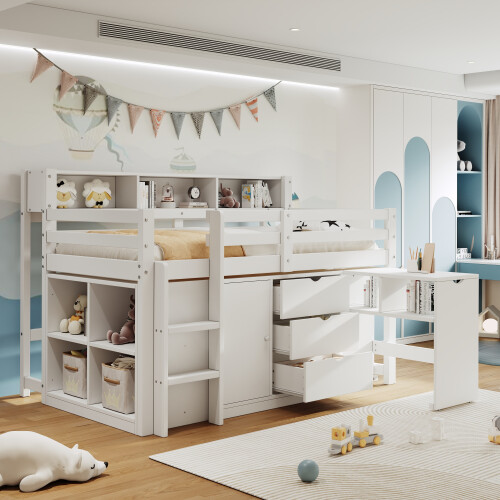 3ft Single Wooden Storage Bed with Pull-out Desk