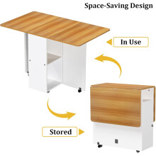Wheeled Folding Extendable Wooden Dining Table, Space Saving Side Desk with Storage Shelf for Home Kitchen Living Room Brown Yellow