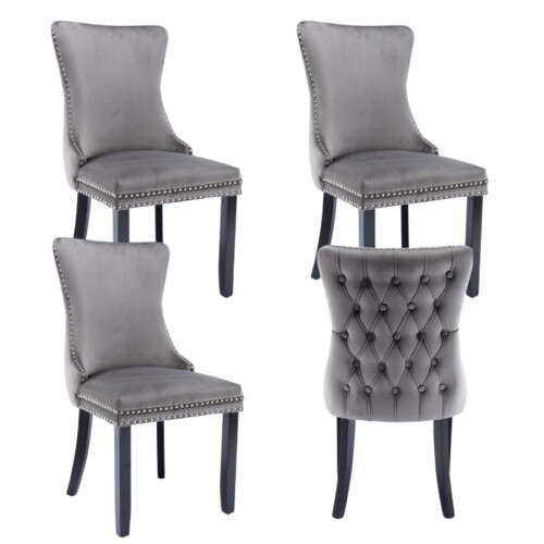 (Grey) Lux Velvet Tufted Kitchen Dining Chairs Set of 4