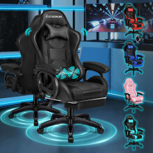 (Black) ELFORDSON Gaming Office Chair Massage Recliner Padded Swivel Footrest Computer