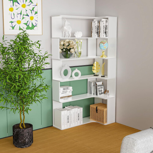 5-Tier Triangular Corner Bookshelf Wooden Open Storage Shelf with LED Light for Living Room Study Home 2