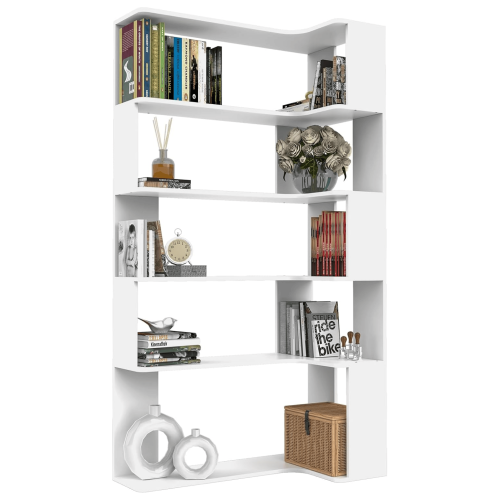 5-Tier Triangular Corner Bookshelf Wooden Open Storage Shelf with LED Light for Living Room Study Home
