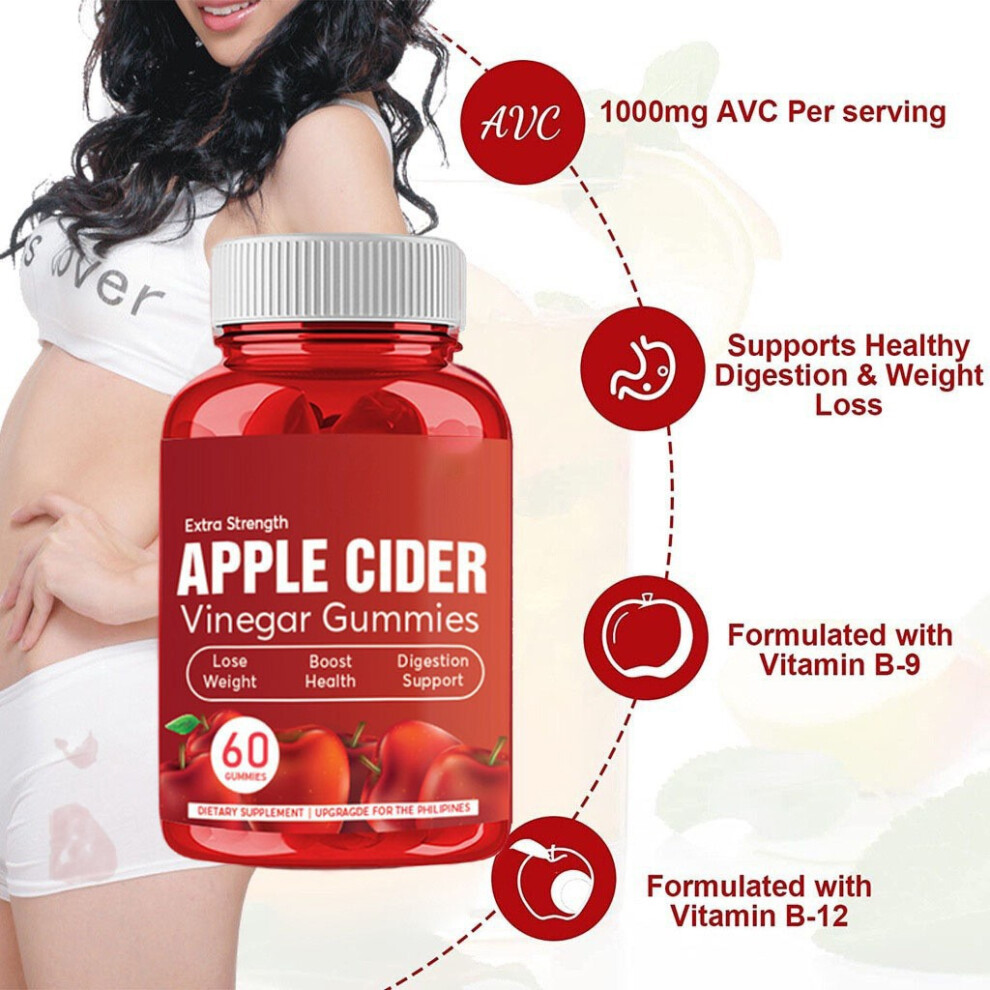 (1PC) Apple Cider Vinegar Gummies Vegan,  1000mg with Vitamin B9 & B12, 60 Gummies