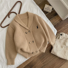 (Khaki yellow, 140cm) 2026 autumn and winter new style lapel versatile retro double-breasted sweater Korean style embroidered boys