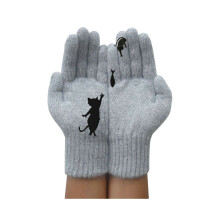 (Grau) Damen Winter Warme Strickhandschuhe Vollfinger Thermohandschuhe mit niedlichem Katzenmuster