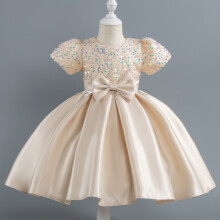 (Champagne color, 100cm) Girls satin dress sequined tutu skirt little girl birthday performance costume children's dress