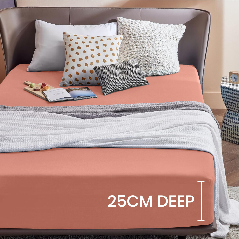 Aspire Homeware (Peach, Super King) 25Cm Deep Fitted Bed Sheet Single Double King Stretchable Plain Fitted Sheets Orange