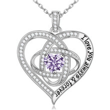 (June【Light Purple Diamond】) S925 Sterling Silver Clover Heart Necklace for Women, Fashion Light Luxury Full Diamond Pendant Necklace