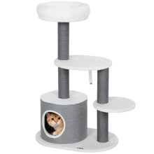 Katzenbaum mit 1 Katzenhöhle, 1 Katzenbett, 2 Plattformen, Juteseilstämmen, weiß + grau