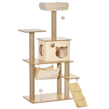 Houten krabpaal voor buiten met kattenhol, jute stammen, groot platform, speelballen, 130 cm hoog, stabiel, pluche, geel, 60 x 40 x 130 cm