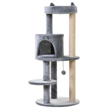 Arbre à chat d'extérieur 104 cm avec grotte, balles de jeu, griffoir, poteaux à griffer en sisal, pour chats jusqu'à 4,5 kg, gris