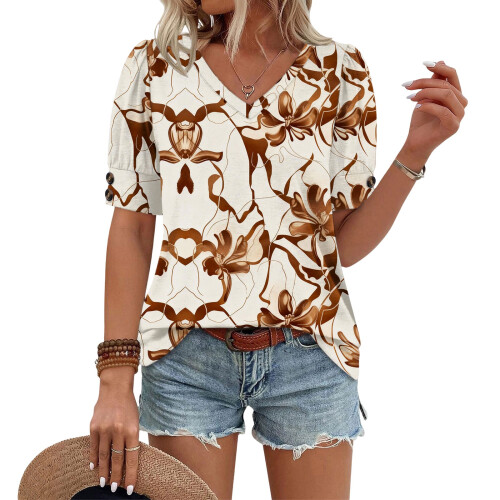 Women's  Short Sleeve Button-Down V-Neck Shirts rSets -Brown M