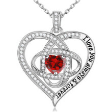 (January【Red Diamond】) S925 Sterling Silver Clover Heart Necklace for Women, Fashion Light Luxury Full Diamond Pendant Necklace