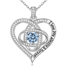 (March【Light Blue Diamond】) S925 Sterling Silver Clover Heart Necklace for Women, Fashion Light Luxury Full Diamond Pendant Necklace