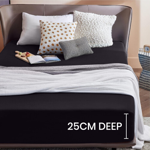(Black, Double) 25cm Deep Fitted Bed Sheet Single Double King Strechable Plain Fitted Sheets