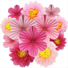 12 Stück Papierblumenfächer & Pompons, rosa, pfirsichfarben, zum Aufhängen