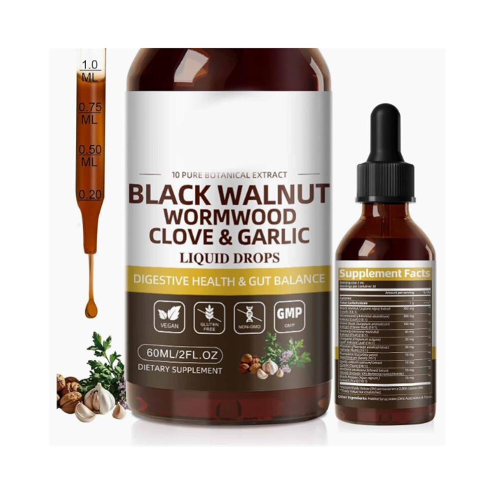 Black (2 Fl Oz (Pack Of 2)) Wormwood Walnut Clove Cleanse For Humans Tincture Rapid Gut Detox & Digestive Health,60Ml
